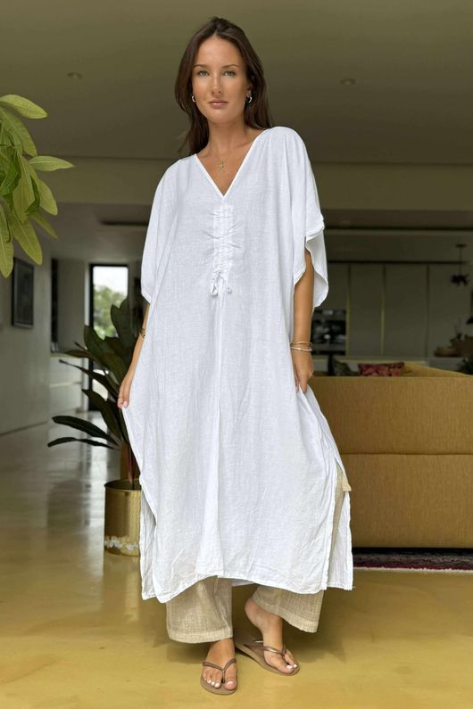 Made in Italy Eos Linen Blend Ruche Dress White /36 =